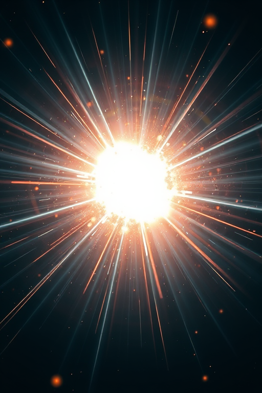 Create an image of a bright cosmic explosion with intense light rays radiating outward, captured with a 50mm lens at f/1.8, ISO 200, shutter speed 1/500s, using a DSLR camera in a wide-angle view.