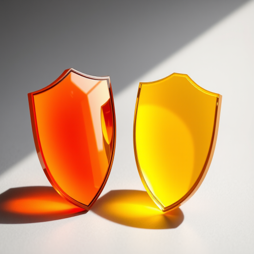 Create an image of two glossy shields, one orange and one yellow, with a smooth gradient finish; use a DSLR camera with a 50mm lens, aperture set to f/2.8, 1/250s shutter speed, and ISO 100 for crisp detail and vibrant colors, captured from a slightly elevated angle with soft natural lighting to enhance the sheen.