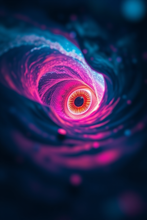 create a surreal cosmic eye emerging from dark waves, ethereal energy swirling around it, vivid neon colors, shot with a Canon EOS R5, 50mm lens, f/1.8, ISO 100, 1/125 sec, low angle view, soft focus background, long exposure style