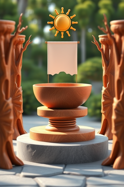 Create a detailed 3D render of a wooden bowl on a pedestal surrounded by tree-like pillars, with a simple banner depicting a sun overhead, using a DSLR camera with a 50mm lens, aperture f/1.8, ISO 100, in natural lighting to enhance textures and colors.
