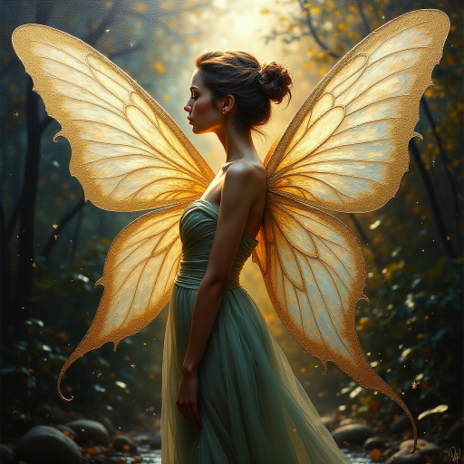 Palette knife oil painting, featuring an elegant feminine fairy with enormous translucent wings, high contrast, impasto texture, with chiaroscuro and dramatic shadows and shining Gold Foil highlights