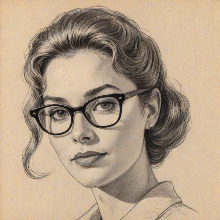 Enchanting Diane Wiest, pencil sketch, portrait of Sublime woman 1957s in glasses, hair style beatnik, outline, clear lines, fine lines, 8k