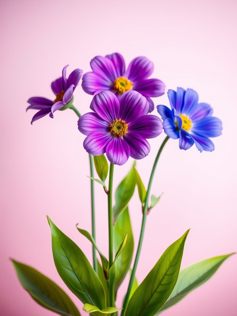 generate a high-resolution image of three stylized flowers in shades of purple and blue with vibrant green leaves on a soft gradient background, using a DSLR camera with a 50mm lens at f/2.8, ISO 100, and a low angle view to enhance depth and detail.