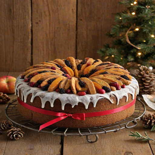 Create an image of a round fruitcake on a wire rack. The cake should be rich in color, featuring a variety of dried fruits and nuts. A slice should be cut out to reveal the interior texture. The background should include rustic wooden elements and a vintage container. Add some decorative ribbon to enhance the festive feel.