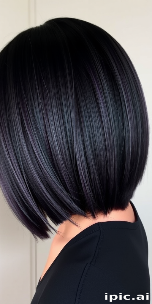 Velvet Midnight Shadow displays a rich, deep black base with subtle dark purple undertones, cut into a sleek, angular bob with razor-sharp edges