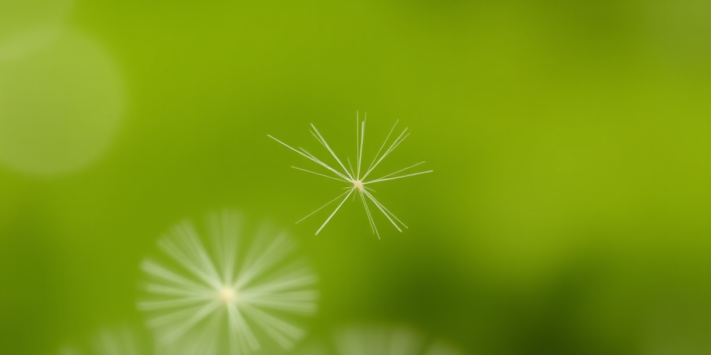 Close-up of dandelion seeds floating against a blurred green background, soft focus effect, shallow depth of field, aperture set to f/2.8, ISO 200, 50mm lens, natural light, macro photography.