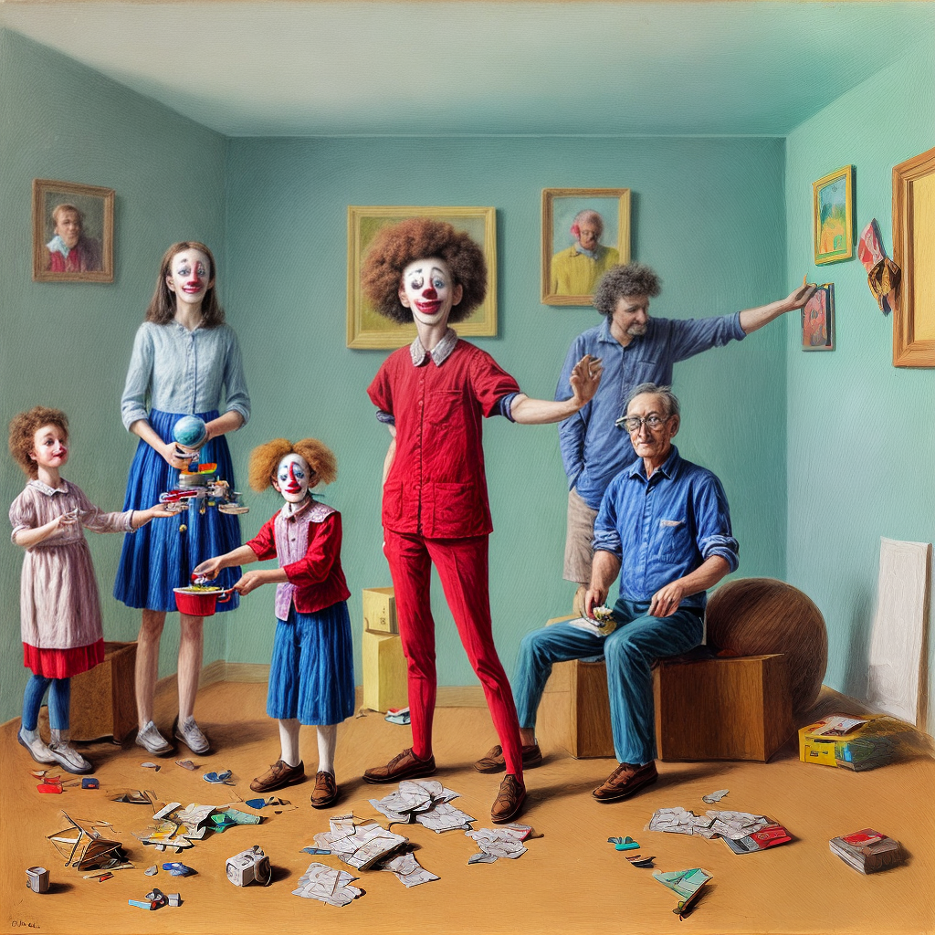 a clown family, an engineer and woman, thermostat and broken objects on the floor into an empty room, surrealism style.