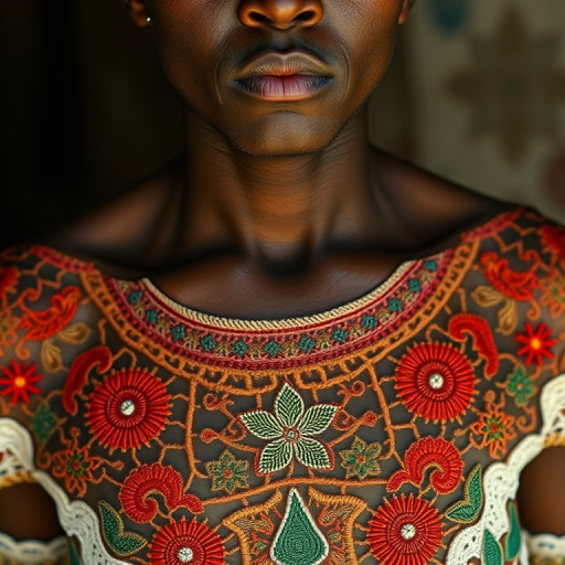 Face, shoulders, chest covered in openwork Cape Verdean embroidery. Raw, unedited image.