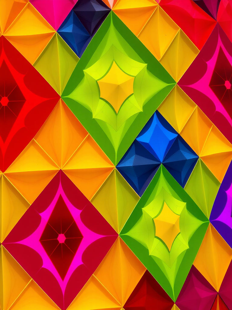 Create an image of a vibrant geometric pattern featuring colorful diamonds in red, orange, yellow, green, blue, purple, and pink, using a Canon EOS R5 camera, 50mm lens, f/2.8 aperture, ISO 100, and natural lighting to enhance clarity and color saturation.
