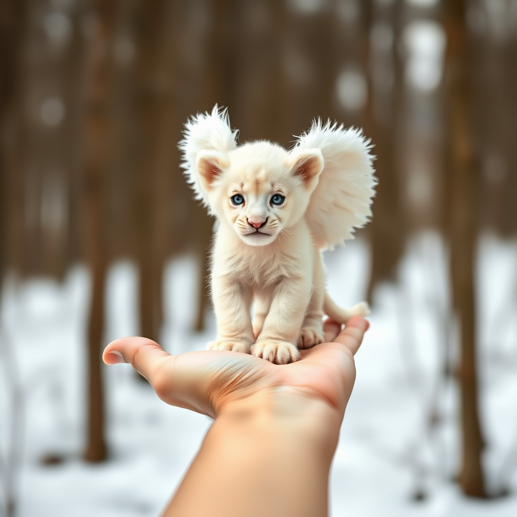 A small, white lion cub with angelic wings standing on a human hand. The cub has a soft, fluffy texture with detailed fur, expressive blue eyes, and a curious expression. The wings are large and feathery, blending seamlessly with its fur, giving an ethereal appearance. The background is a winter forest, with the ground covered in snow and blurred brown trees, creating a serene atmosphere. The human hand in the foreground is positioned palm-up, supporting the lion cub gently, fingers slightly curled. The lighting is soft and diffused, enhancing the tender and magical feel of the scene. Colors are predominantly neutral with white, cream, and soft browns, contrasting with the subtle blue of the lion cub's eyes. The overall composition is balanced, with the cub at the center, creating a focal point that draws the viewer's attention immediately.