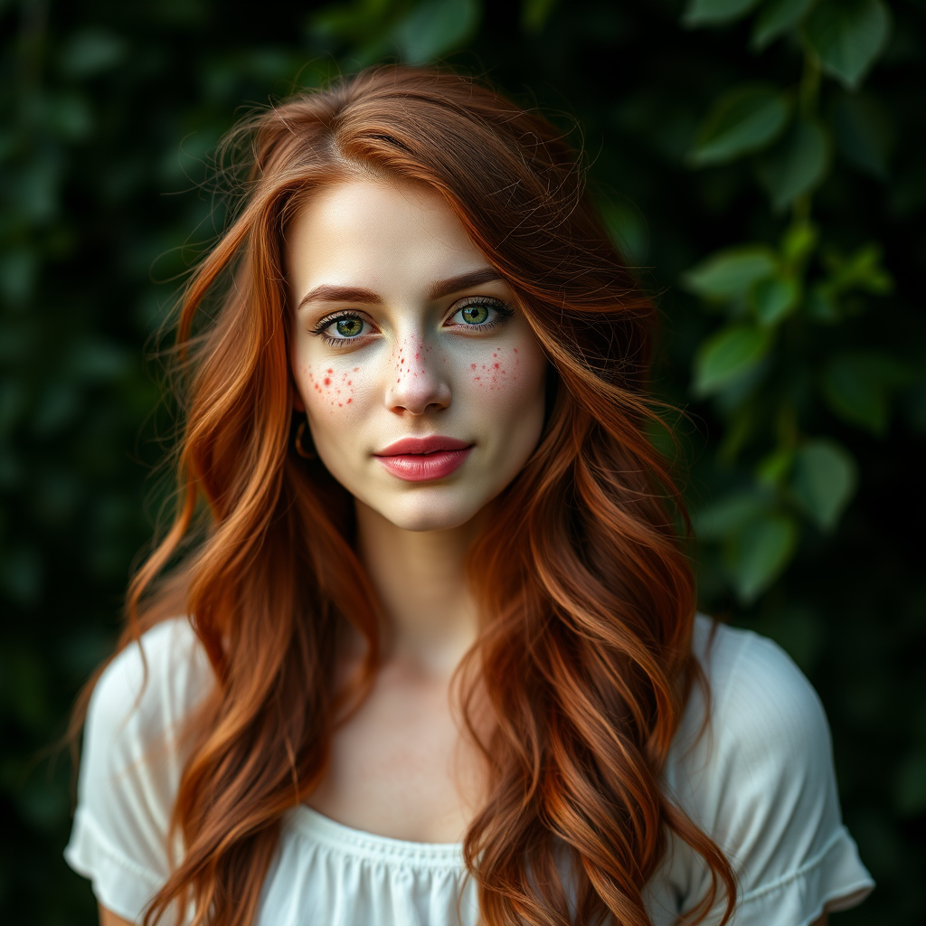 Create a portrait of a woman with long, wavy red hair and freckles, set in a lush green background with soft natural light, using a full-frame DSLR camera at 85mm, f/1.8 aperture, ISO 200, with a shallow depth of field to emphasize the subject and create a bokeh effect.
