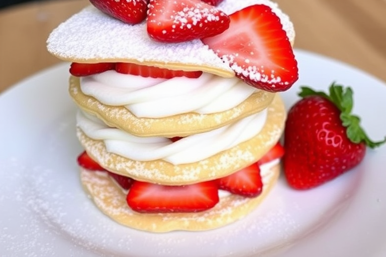 A stack of flaky pastry layers filled with whipped cream and fresh strawberries dusted with powdered sugar served on a white plate with a whole strawberry on the side