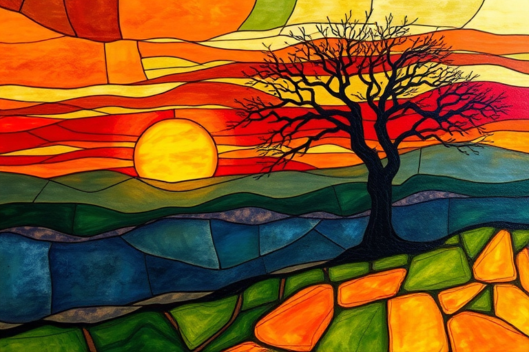 A vibrant abstract painting on Tiffany Glass, blending acrylic and alcohol ink techniques, captures a dramatic sunset over rolling hills. The artwork features a textured, rocky foreground in green and brown, layered abstract hills, and a striking sunset in rich oranges, yellows, and reds. A solitary black tree with intricate branches contrasts against the fiery sky, creating a dynamic and expressive portrayal of a breathtaking natural scene.