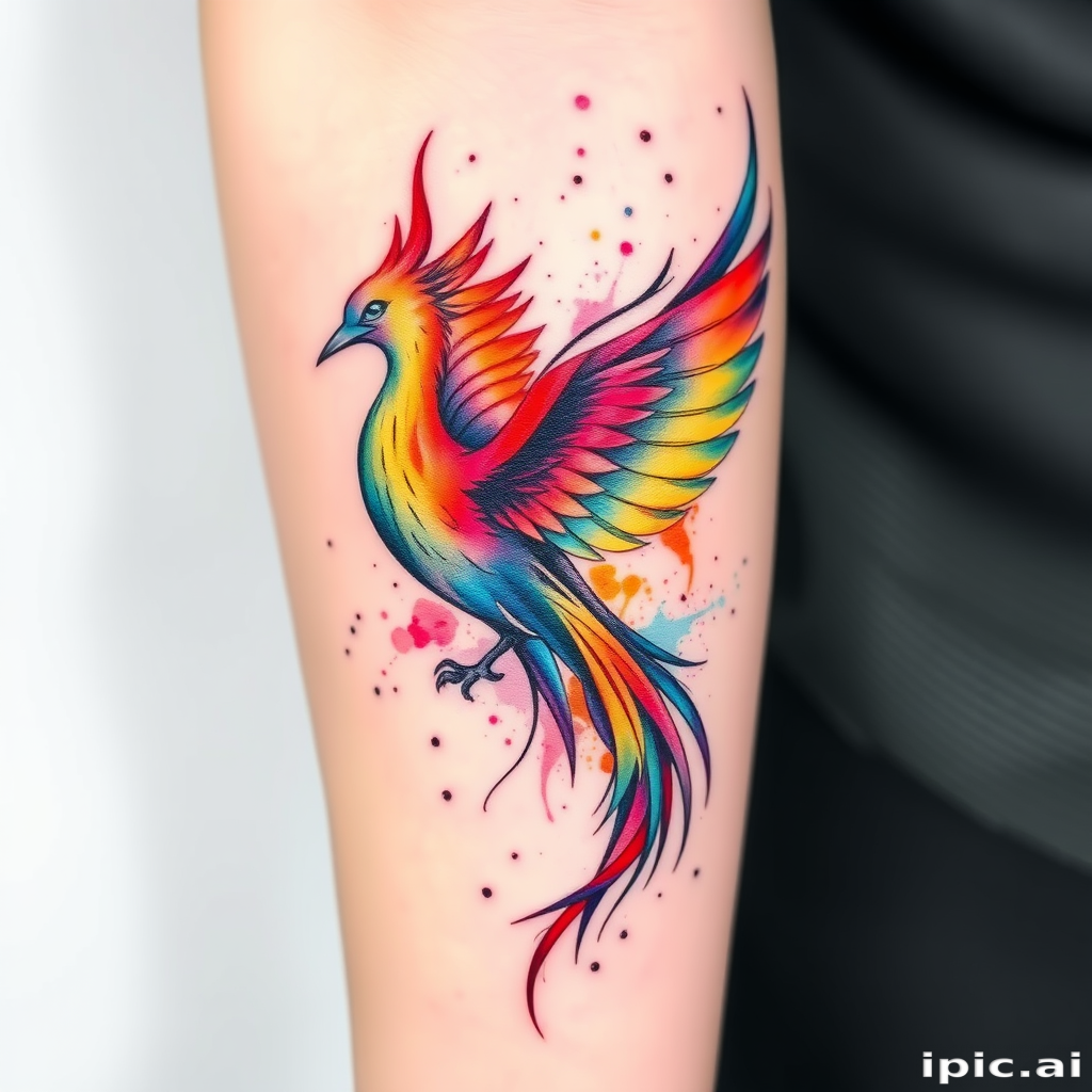 Watercolor splash tattoo named "Prismatic Phoenix" depicting a majestic bird rising from ashes with vibrant rainbow hues blending seamlessly and subtle white ink accents