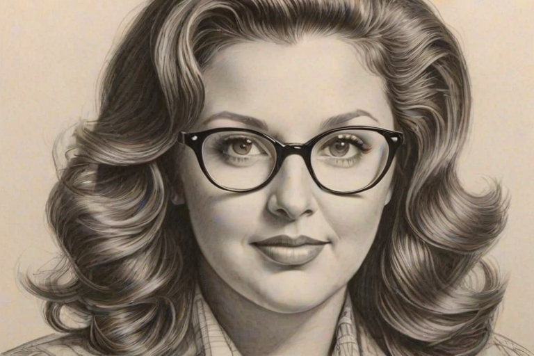 Magnificent Abby Lee Miller, pencil sketch, portrait of Enticing woman 1946s in glasses, hair style beatnik, outline, clear lines, fine lines, 8k