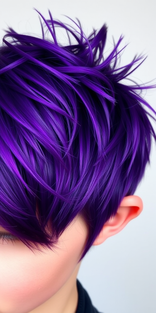 Bold close-up features Vibrant Violet pixie cut, rich purple hue with darker plum lowlights, styled in a textured and spiky fashion with shaved sides