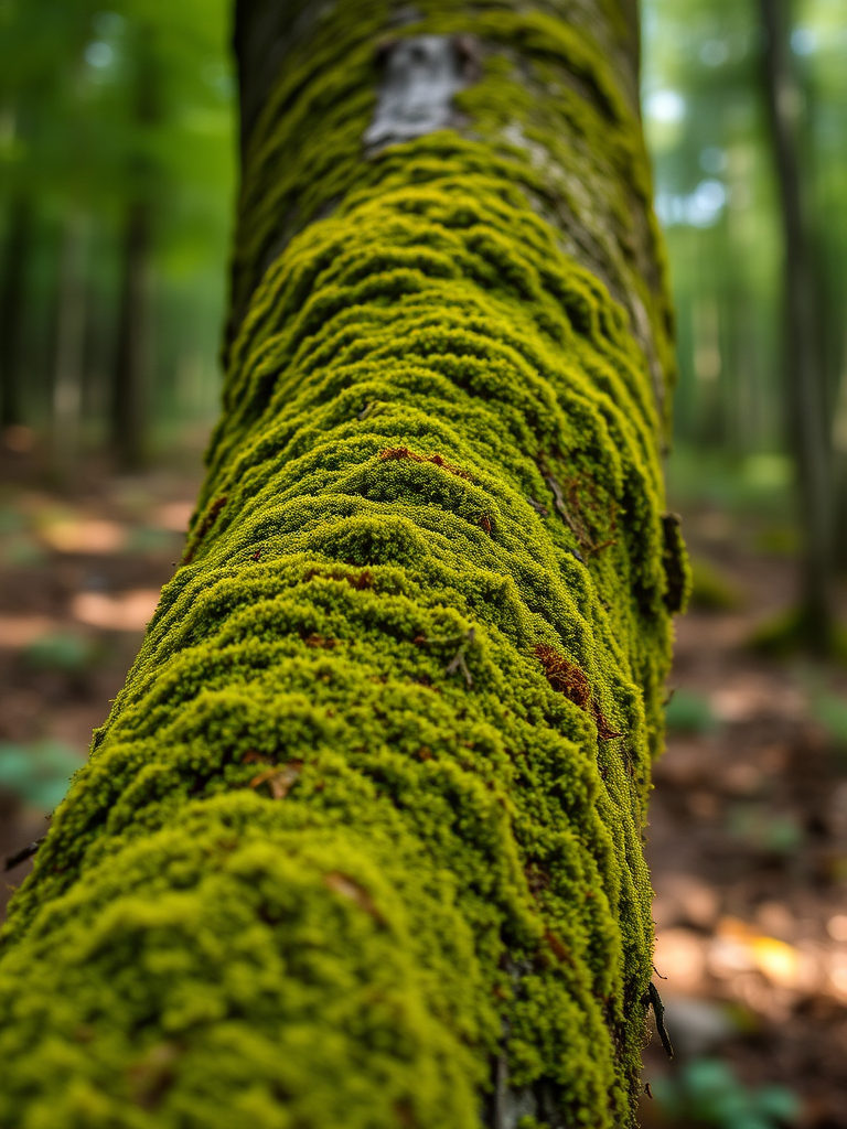 close-up of a moss-covered tree trunk in a forest, natural lighting, f/2.8 aperture, ISO 100, 50mm lens, shallow depth of field, DSLR camera, vibrant greens and browns, slight bokeh effect in the background