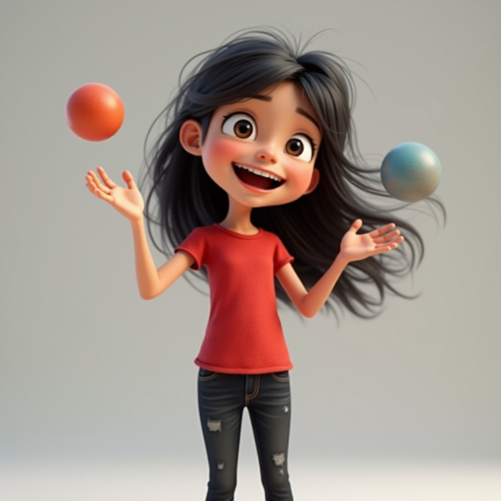 A 3D animated 6-year-old girl with long messy dark hair, joyfully She is juggling balls with her hand. , wearing a red t-shirt and black jeans, set against a gray background.