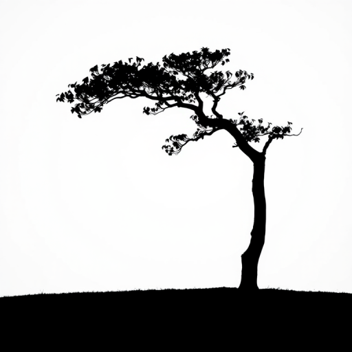 Create a minimalistic black silhouette of a tree against a white background, captured with a Canon EOS R5, 50mm lens, f/8 aperture, ISO 100, soft natural lighting, shot at eye level.