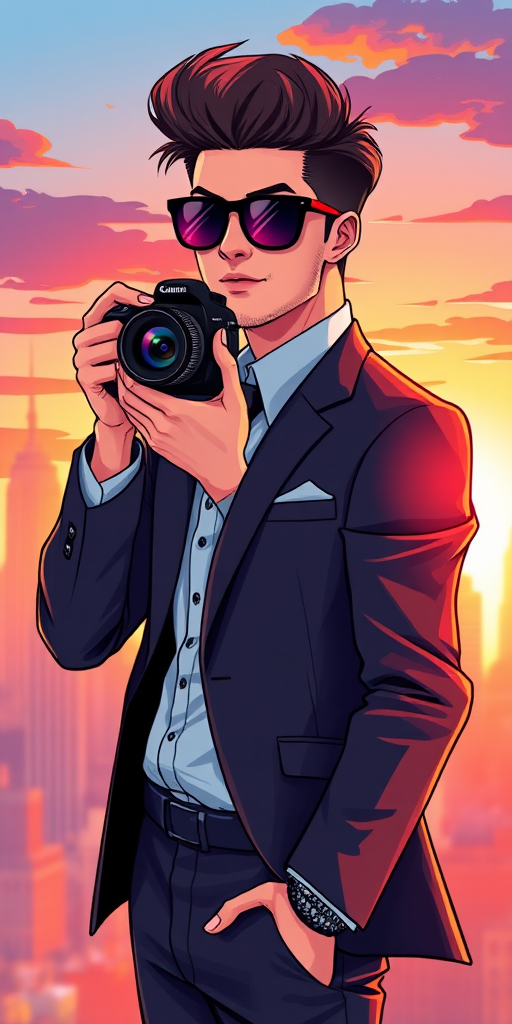 Create an illustration of a stylish young man in a suit with sunglasses, standing against a city skyline at sunset, using a DSLR camera with a 50mm lens at f/1.8, 1/200s shutter speed, ISO 100, shot in portrait orientation with vibrant, saturated colors and sharp details.