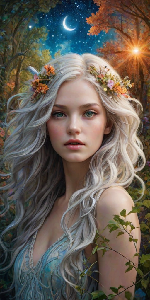 Create a series of imaginative portraits where each subject is infused with elements of fantasy and nature. The hair of the individuals should flow like clouds, varying from soft, fluffy cumulus to wispy cirrus strands, with hints of color reflecting a sunset or a clear blue sky. The eyes should be windows to entire galaxies, with stars, nebulae, and distant planets visible within them. Clothing should be adorned with nature motifs, such as floral patterns that bloom and change, vines that seem to grow and wrap around, or feathers that shimmer with iridescence. Each portrait should capture a unique personality, blending human features with the ethereal beauty of the natural and cosmic world. The backgrounds can vary, from starry night skies to enchanted forests, adding depth and context to the magical realism of the portraits