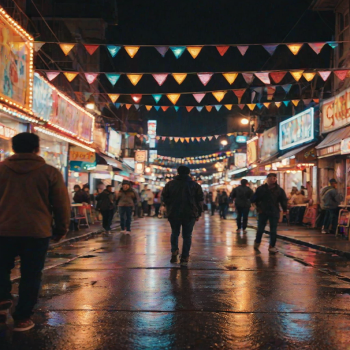 Blurry candid shot of a street carnival at night, colorful lights and flags fluttering in the breeze, with soft reflections of neon signs on the wet pavement and distant laughter barely audible in the background.