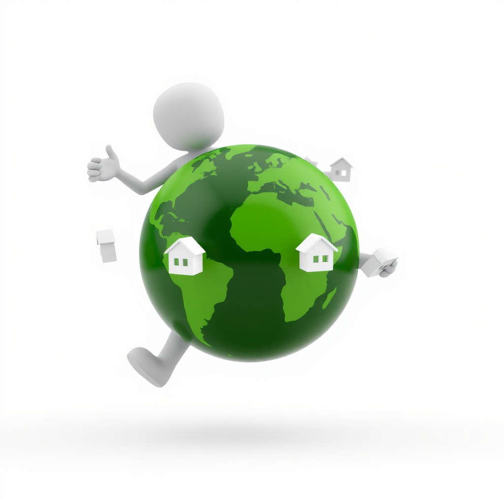 Create a 3D rendering of a stylized humanoid figure juggling a green Earth globe, with small white house icons orbiting around it, using a Canon EOS R5 camera, aperture f/8, ISO 100, focal length 50mm, soft lighting, and a clean white background for high clarity and detail.