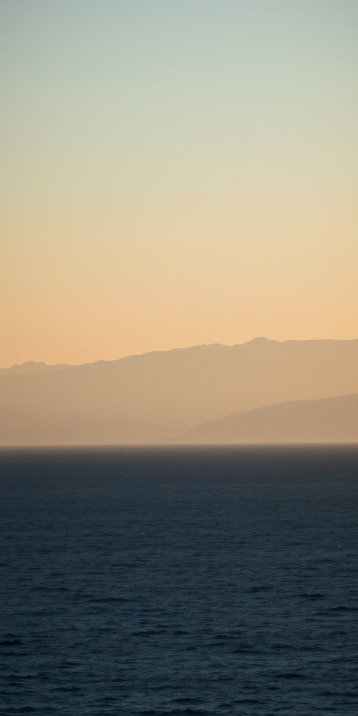 photograph of distant mountains silhouetted against a clear sky over a calm sea, taken with a Canon EOS R5, 50mm lens, f/8, ISO 100, 1/200 sec, golden hour lighting, wide-angle view for depth.