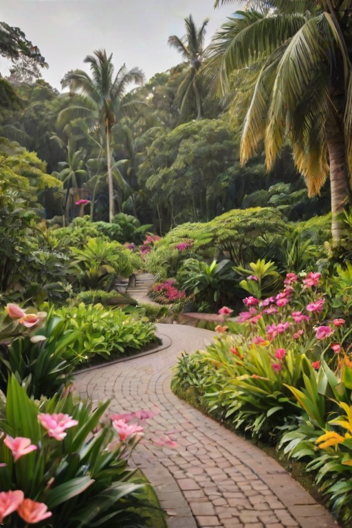 Beautiful botanical garden with exotic flowers in bloom, visitors strolling along winding paths, and a sense of tranquility filling the air.