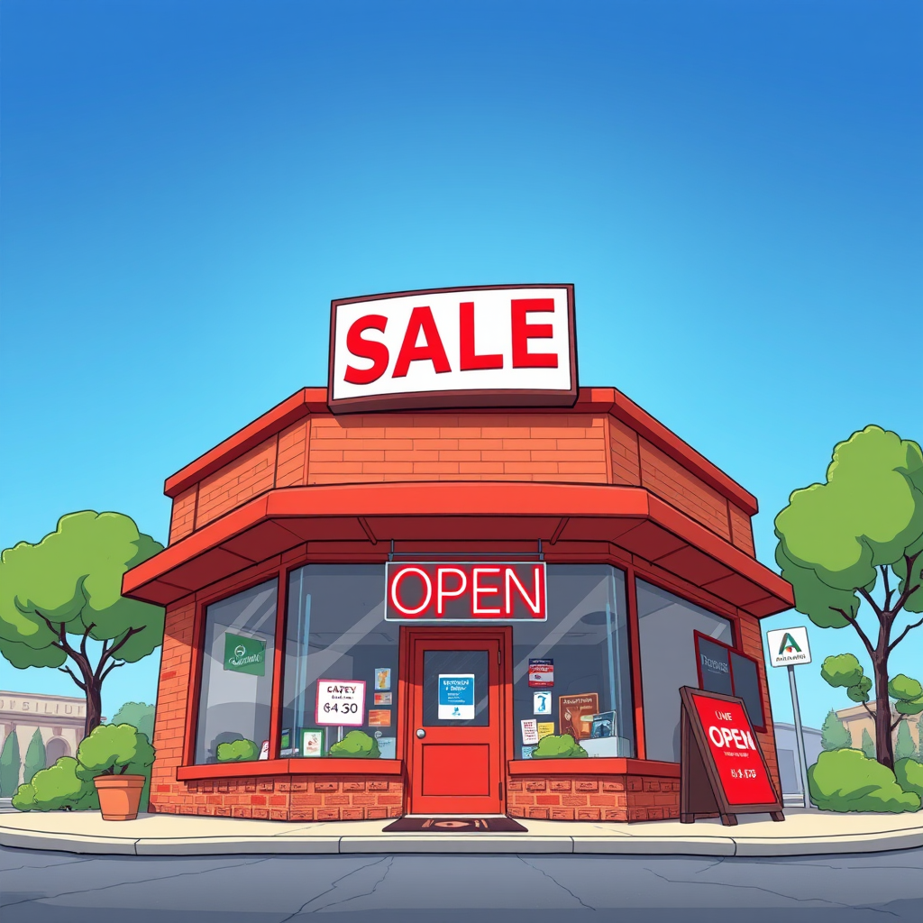 Create a cartoon-style illustration of a store with a bright red sale sign, large open sign, and clear blue sky in the background, shot with a Canon EOS R5 at f/8, ISO 100, 24mm focal length, in a wide-angle view to emphasize the storefront and surroundings.