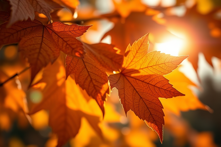 Close-up shot of autumn leaves illuminated by soft sunlight, focusing on the intricate textures and colors of the leaves, aperture f/2.8, shutter speed 1/200s, ISO 100, macro lens, shallow depth of field, DSLR camera.