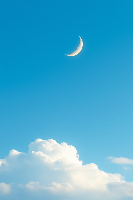 Create a minimalist digital illustration of a blue sky with fluffy clouds and a bright yellow crescent moon, using a soft focus lens, ISO 100, aperture f/4, 50mm lens, shot from a high angle to enhance depth and clarity.