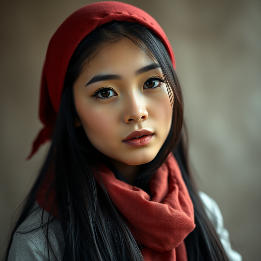 Create a portrait of a young Korean woman with long, dark hair and captivating hazel eyes. She is wearing a red headscarf and a matching scarf draped gracefully around her neck. The background is softly blurred, focusing attention on her serene and natural expression. The overall color palette is muted and warm, enhancing the intimate and authentic feel of the portrait.