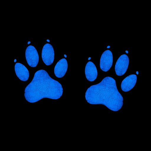 Create an image of two blue paw prints on a black background, shot with a DSLR camera at f/5.6 aperture, ISO 200, 50mm lens, ensuring a close-up view for enhanced detail and clarity.