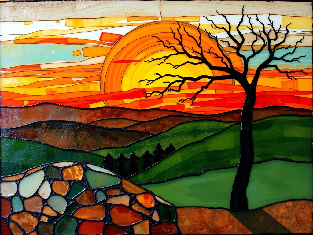 A vibrant abstract painting on Tiffany Glass, blending acrylic and alcohol ink techniques, captures a dramatic sunset over rolling hills. The artwork features a textured, rocky foreground in green and brown, layered abstract hills, and a striking sunset in rich oranges, yellows, and reds. A solitary black tree with intricate branches contrasts against the fiery sky, creating a dynamic and expressive portrayal of a breathtaking natural scene.