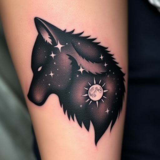 Negative space tattoo called "Celestial Silhouette" depicting a starry night sky within the outline of a majestic wolf, with carefully placed white ink highlights creating the illusion of twinkling stars and a glowing moon, perfect for nature lovers and those who feel a deep connection to the animal world and the cosmos.