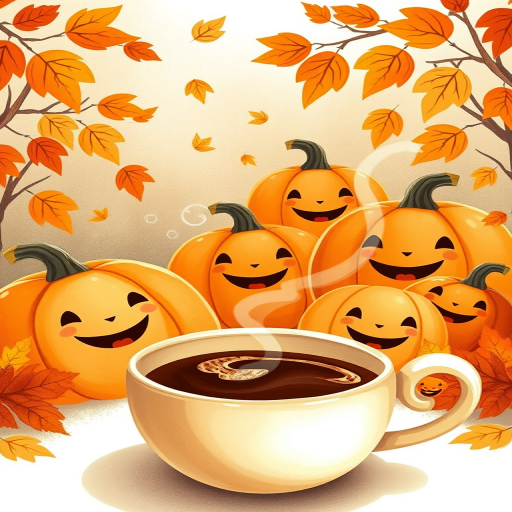 Create a whimsical illustration of smiling pumpkins surrounded by autumn leaves, with a steaming cup of coffee in the foreground, captured in warm tones and soft focus, using a DSLR camera, aperture f/2.8, ISO 100, 50mm lens, natural lighting.