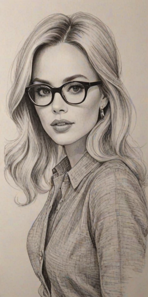 Resplendent Rachel Zoe, pencil sketch, portrait of Comely woman 1951s in glasses, hair style beatnik, outline, clear lines, fine lines, 8k