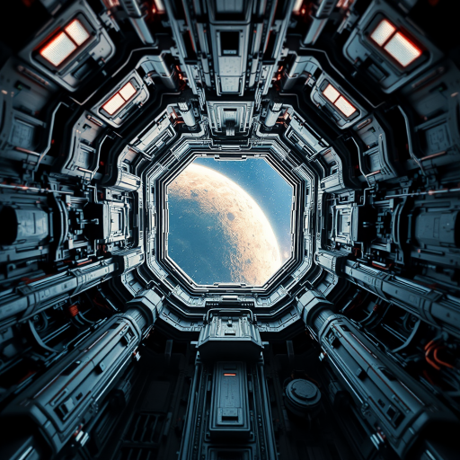 futuristic space station interior with intricate metal structures and a view of a celestial body through a large window, captured with a Canon EOS R5, 24mm f/1.4 lens, ISO 400, aperture f/5.6, low-angle shot, high dynamic range to enhance details and colors