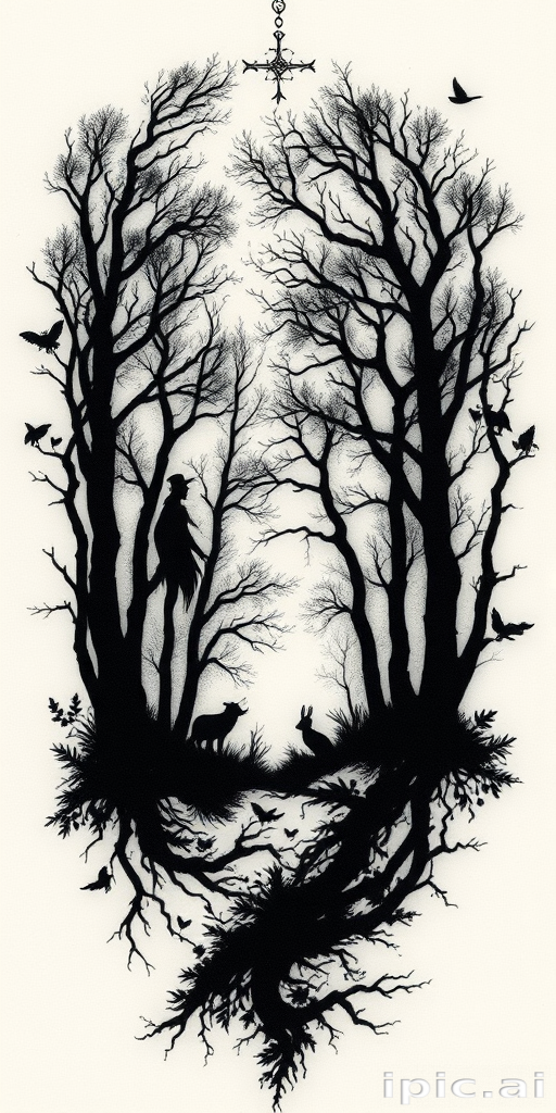 Mystical blackwork tattoo showcasing an enchanted forest scene with intricate silhouettes of trees and wildlife, negative space creating depth and dimension, mysterious and captivating dark aesthetic