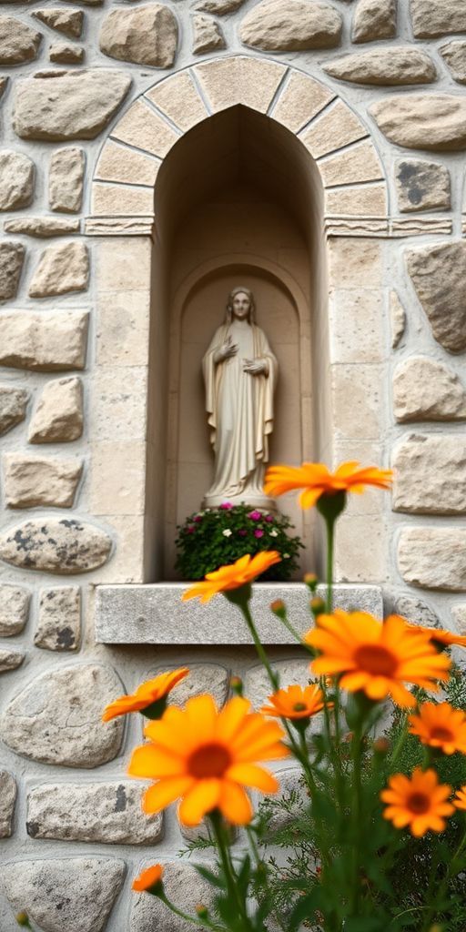 Photograph a stone wall featuring a religious statue framed in an alcove, with vibrant orange flowers in the foreground, using a DSLR camera with a 50mm lens, aperture set to f/2.8 for shallow depth of field, shutter speed 1/200s, ISO 100, taken from a 45-degree angle to enhance perspective.