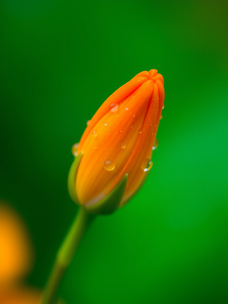 macro shot of an orange flower bud with water droplets, shallow depth of field, ISO 200, f/2.8, 1/200s, 100mm lens, natural soft lighting, blurred green background, Canon DSLR camera
