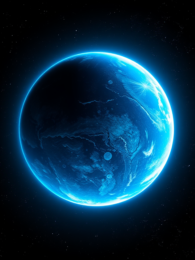 A highly detailed digital illustration of a glowing blue planet with a textured surface, surrounded by stars in the black void of space, using a DSLR camera with a 50mm lens, f/2.8 aperture, ISO 100, and a long exposure of 10 seconds for enhanced clarity and depth.
