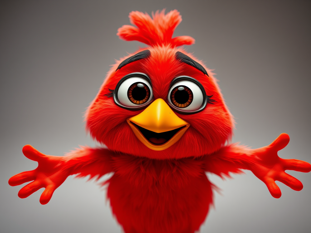animated red bird character with big eyes and a cheerful expression, arms outstretched, vibrant colors, capture with a Canon EOS 90D, aperture f/2.8, shutter speed 1/250s, ISO 100, frontal view, in a studio setting with soft lighting to enhance details and colors