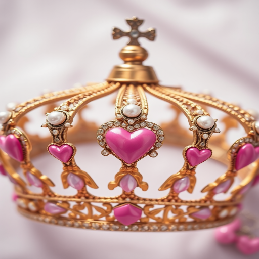Create a detailed image of an ornate crown adorned with pink hearts and pearls, captured with a high-resolution DSLR camera at f/2.8 aperture, ISO 100, 50mm lens, top-down view, soft diffused lighting to enhance the colors and textures.