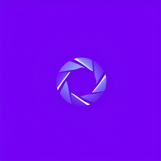 Create an image of a stylized camera aperture icon centered in a circular design with a gradient purple background, using a DSLR camera with a 50mm lens, aperture set to f/1.8, ISO 100, and shutter speed 1/200s for clarity and depth of field.