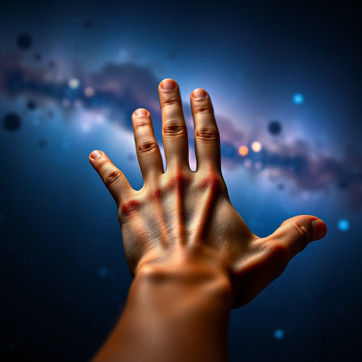 Create a high-resolution image of a human hand reaching out with a mystical galaxy background, using a Canon EOS R5 camera with a 50mm f/1.2 lens, aperture set to f/2.8, ISO 100, shutter speed 1/200s, with a focus on the hand in sharp detail and a soft bokeh effect in the background.