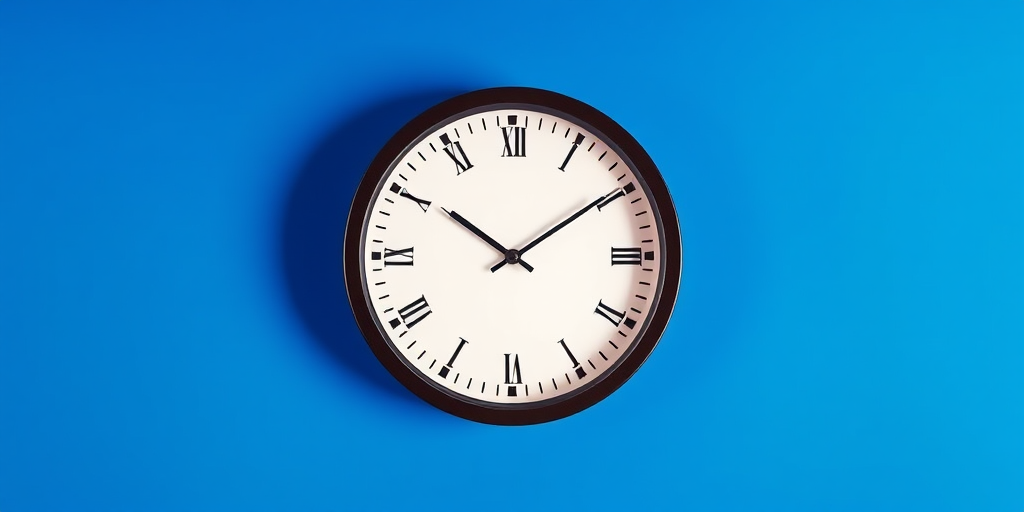 Create a high-resolution image of a round wall clock with a minimalist design on a vibrant blue background, using a Canon EOS R5 with a 50mm f/1.8 lens, aperture set to f/2.8, ISO 100, and a slight vignette effect for depth.