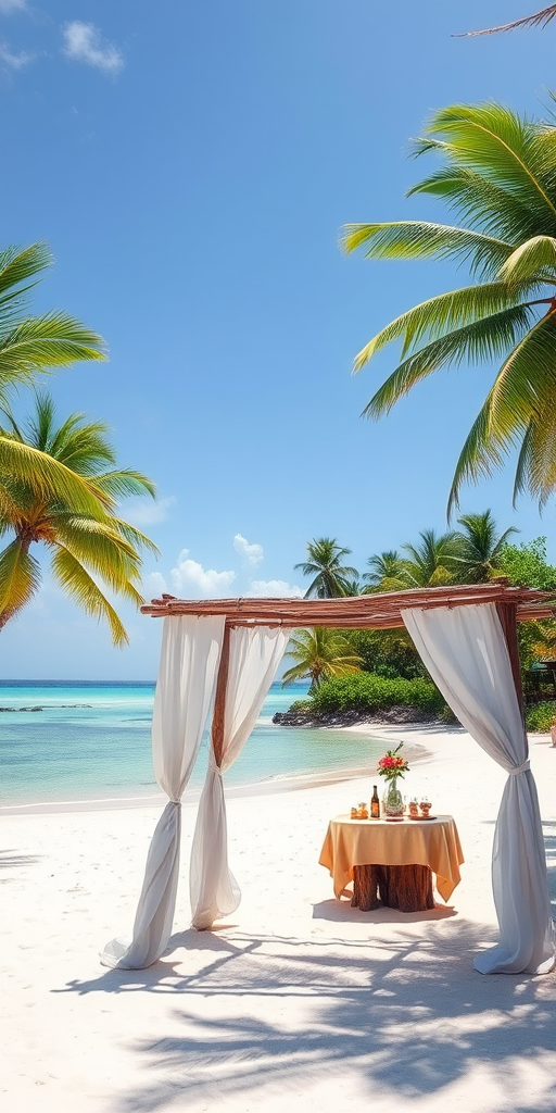 Create a picturesque tropical beach scene featuring a serene, white sandy shore. In the foreground, there's a rustic wooden canopy with white drapes gently flowing in the breeze. Underneath the canopy, a table is set with tropical decor, evoking a sense of relaxation and leisure. The beach extends into a calm, shallow water area with reflections of the sky and surroundings. Palm trees and lush greenery line the edge of the beach, providing a natural, tropical backdrop. The sky is clear with a few scattered clouds, and the overall atmosphere is tranquil and inviting, perfect for a peaceful retreat.