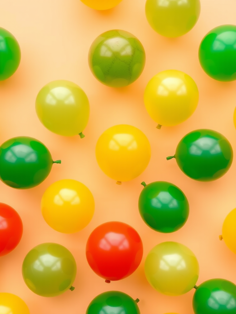Create a repeating pattern of colorful balloons in green, yellow, and red on a soft peach background, using a macro lens with f/2.8 aperture, 1/200 sec shutter speed, ISO 100, overhead view, and a digital camera for high image quality.